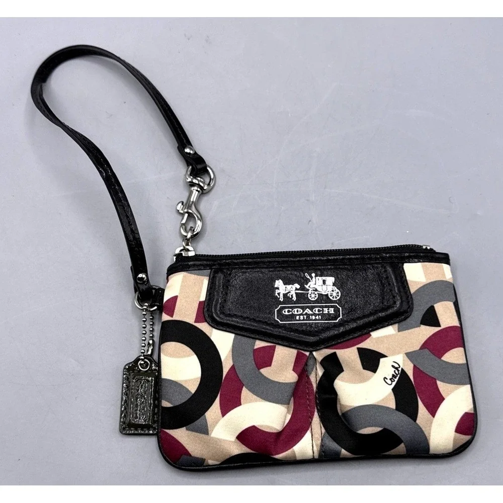 Coach Multicolor Geometric C Logo Sateen Wristlet Black Patent Leather Trim